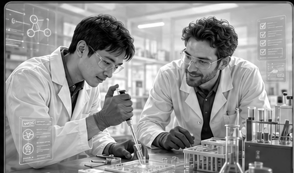 Illustrated student learning experimental biology in a laboratory