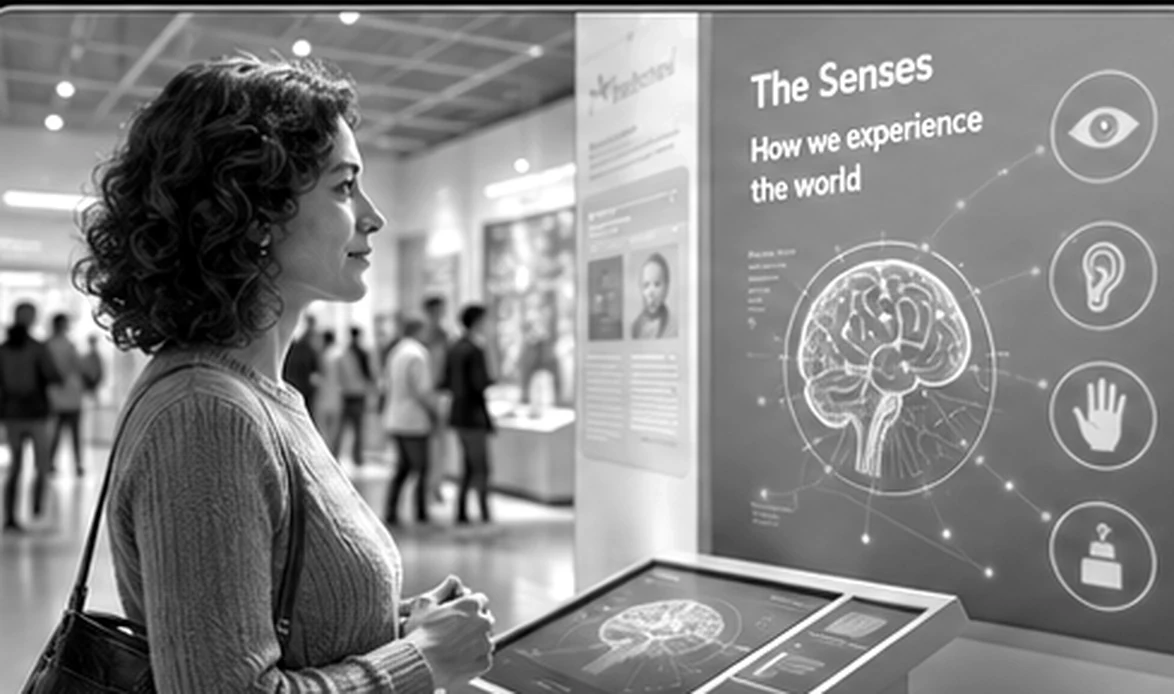 Illustrated visitor exploring how insects and ears relate to hearing